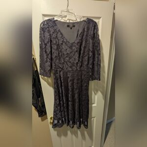 Alex Marie Charcoal-Blue Lace V-Neck Long Sleeve Dress